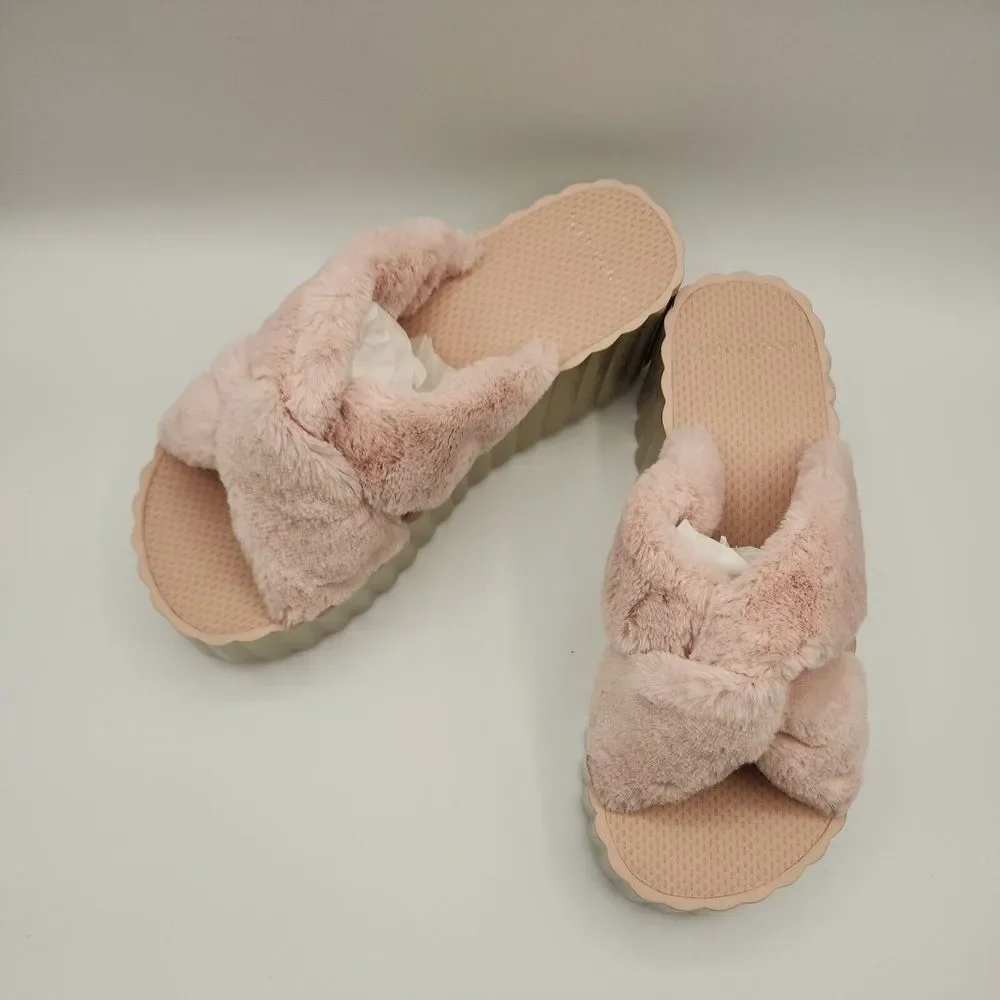 Tory Burch Faux Fur Scallop Wedge Slide Sandal‎ Sea Shell Pink Size 10 $168